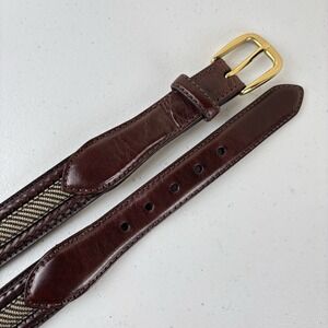 Vintage Brighton Brown Leather Belt Mens 38 Gold Brass Buckle Canvas Inlay Dress
